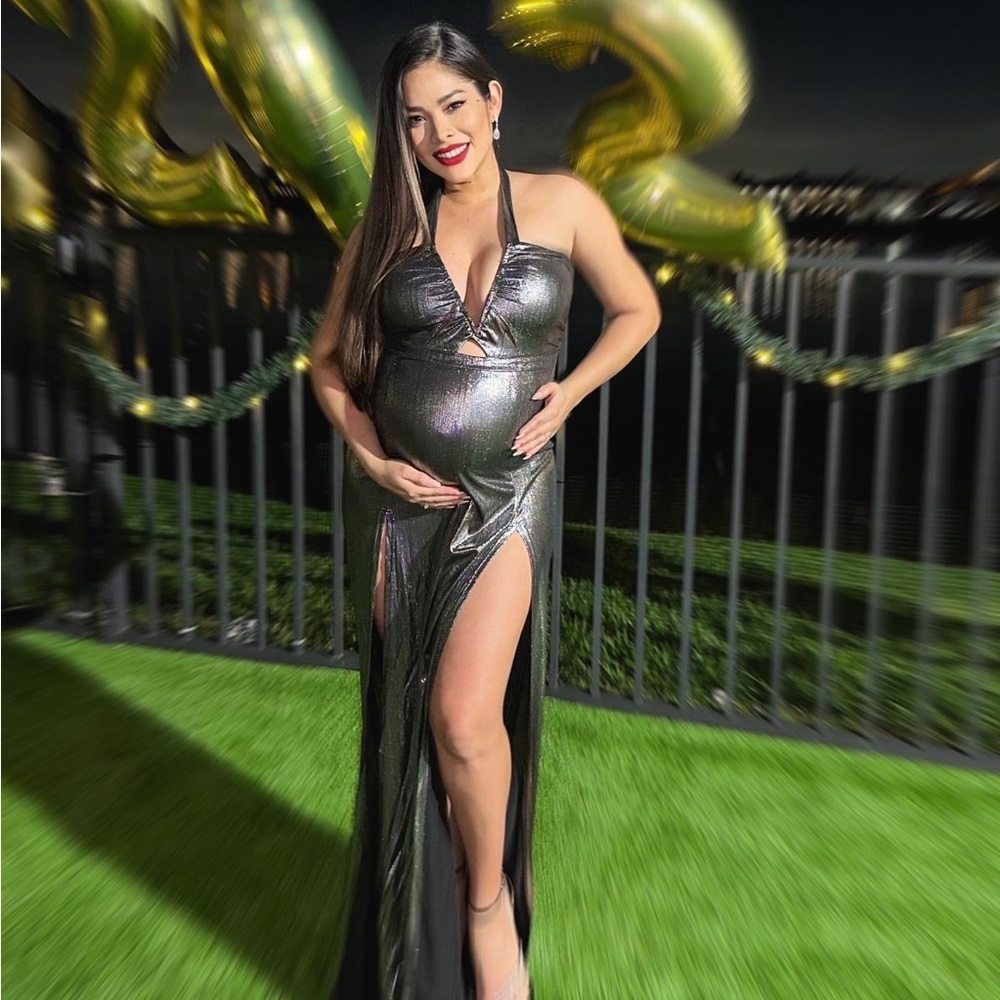 Silver Metallic Slit Maxi Dress